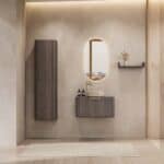 Rond hangend donker eiken badkamermeubel 80 cm met afgeronde hoeken en beige marmerlook waskom