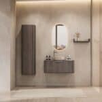 Rond hangend donker eiken badkamermeubel 100 cm met afgeronde hoeken en beige marmerlook waskom