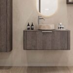 Rond hangend donker eiken badkamermeubel 100 cm met afgeronde hoeken en beige marmerlook waskom