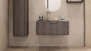 Rond hangend donker eiken badkamermeubel 100 cm met afgeronde hoeken en beige marmerlook waskom