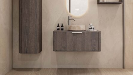 Rond hangend donker eiken badkamermeubel 100 cm met afgeronde hoeken en beige marmerlook waskom