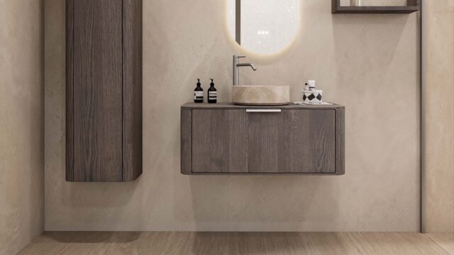 Rond hangend donker eiken badkamermeubel 100 cm met afgeronde hoeken en beige marmerlook waskom