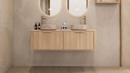 Rond hangend naturel eiken wastafelmeubel 140 cm met afgeronde hoeken en twee beige marmerlook waskommen