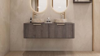 Rond hangend donker eiken wastafelmeubel 140 cm met afgeronde hoeken en twee beige marmerlook waskommen