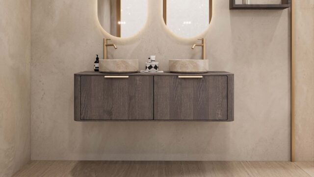 Rond hangend donker eiken wastafelmeubel 140 cm met afgeronde hoeken en twee beige marmerlook waskommen