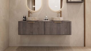 Rond hangend donker eiken wastafelmeubel 160 cm met afgeronde hoeken en twee beige marmerlook waskommen