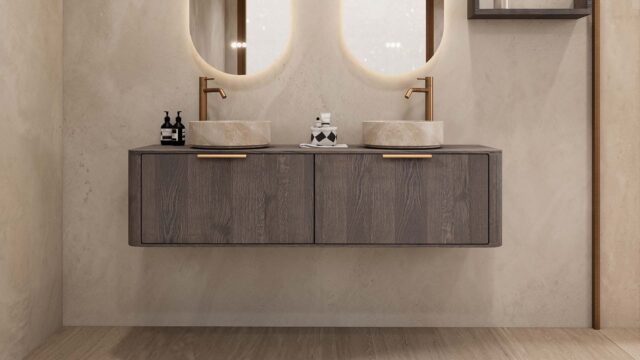 Rond hangend donker eiken wastafelmeubel 160 cm met afgeronde hoeken en twee beige marmerlook waskommen