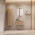 Rond hangend naturel eiken badkamermeubel 80 cm met groevenfront en beige marmerlook waskom