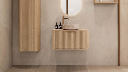 Rond hangend naturel eiken badkamermeubel 80 cm met groevenfront en beige marmerlook waskom