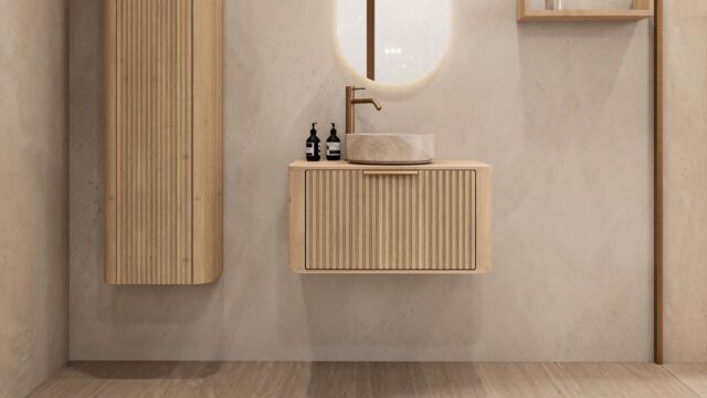 Rond hangend naturel eiken badkamermeubel 80 cm met groevenfront en beige marmerlook waskom