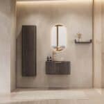 Rond hangend donker eiken badkamermeubel 80 cm met groevenfront en beige marmerlook waskom