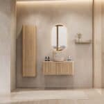 Rond hangend naturel eiken badkamermeubel 100 cm met groevenfront en beige marmerlook waskom