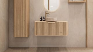 Rond hangend naturel eiken badkamermeubel 100 cm met groevenfront en beige marmerlook waskom