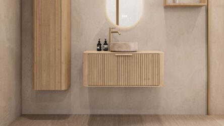 Rond hangend naturel eiken badkamermeubel 100 cm met groevenfront en beige marmerlook waskom