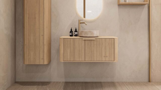 Rond hangend naturel eiken badkamermeubel 100 cm met groevenfront en beige marmerlook waskom