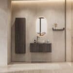 Rond hangend donker eiken badkamermeubel 100 cm met groevenfront en beige marmerlook waskom