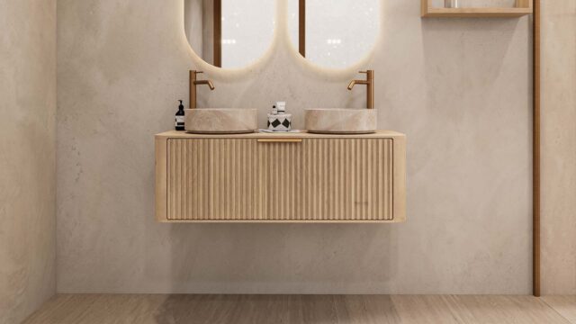 Rond hangend naturel eiken wastafelmeubel 120 cm met groevenfront en twee beige marmerlook waskommen