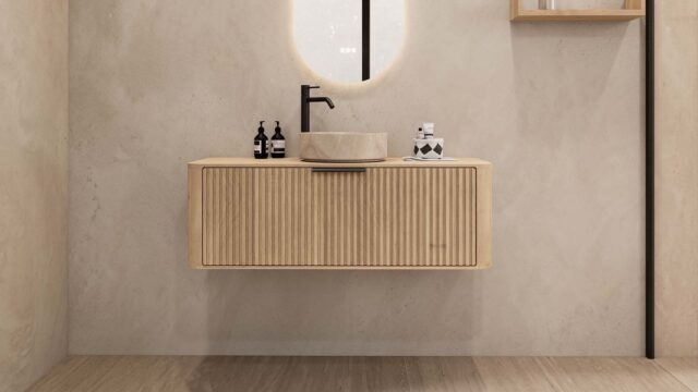 Rond hangend naturel eiken badkamermeubel 120 cm met groevenfront en beige marmerlook waskom