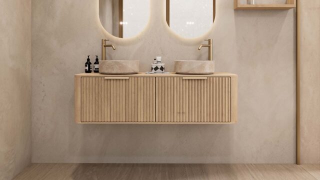 Rond hangend naturel eiken wastafelmeubel 140 cm met groevenfront en twee beige marmerlook waskommen