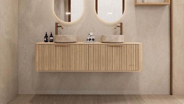 Rond hangend naturel eiken wastafelmeubel 160 cm met groevenfront en twee beige marmerlook waskommen