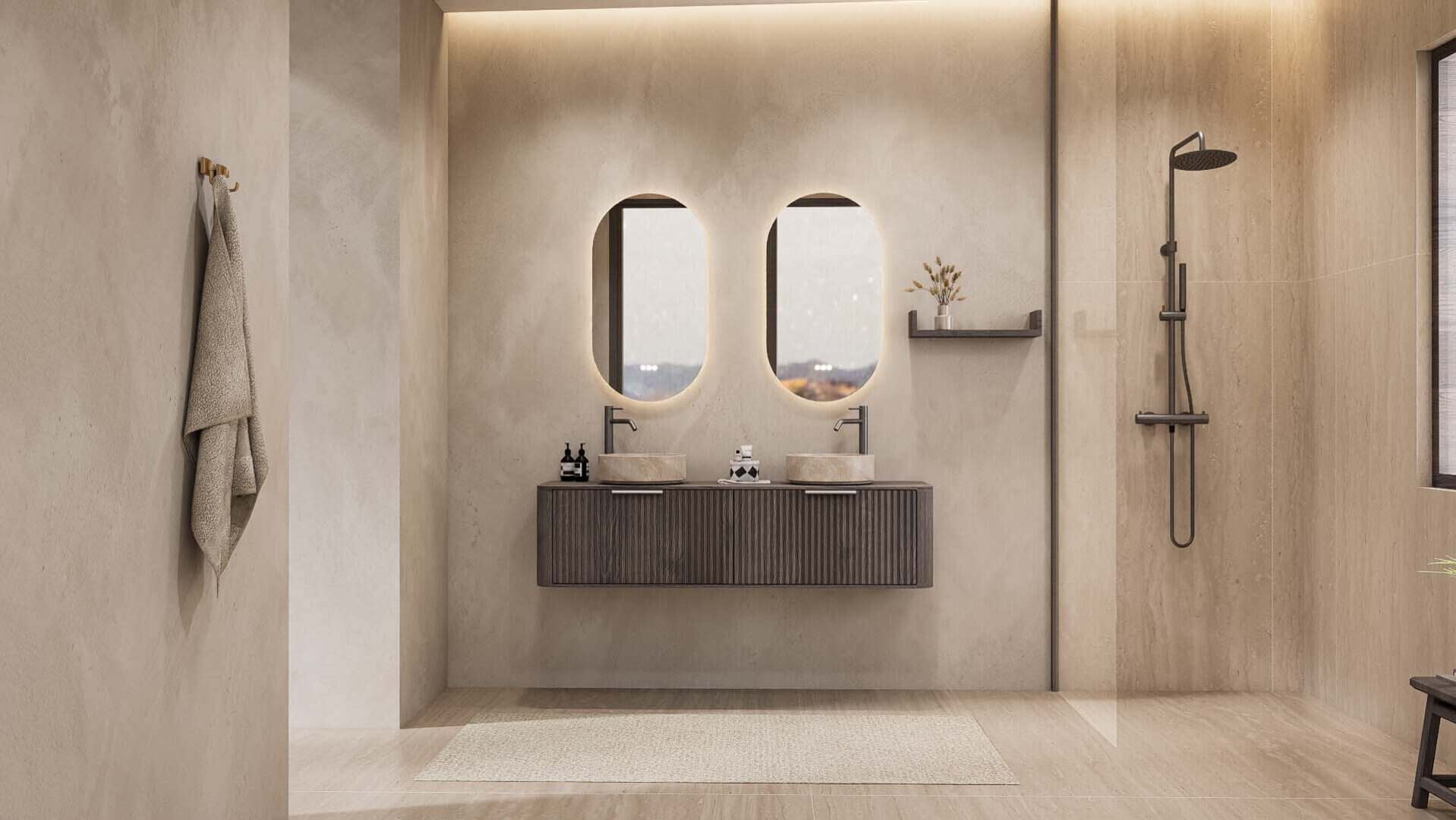 Rond hangend donker eiken wastafelmeubel 160 cm met groevenfront en twee beige marmerlook waskommen