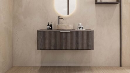 Rond hangend donker eiken badkamermeubel 120 cm met groevenfront en beige marmerlook waskom