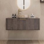 Rond hangend donker eiken badkamermeubel 120 cm met afgeronde hoeken en beige marmerlook waskom