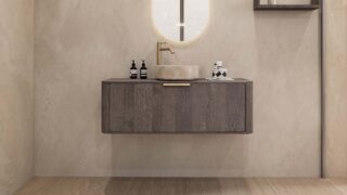 Rond hangend donker eiken badkamermeubel 120 cm met afgeronde hoeken en beige marmerlook waskom
