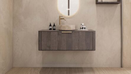 Rond hangend donker eiken badkamermeubel 120 cm met afgeronde hoeken en beige marmerlook waskom
