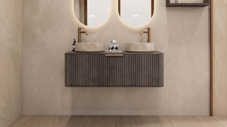 Rond hangend donker eiken wastafelmeubel 120 cm met groevenfront en twee beige marmerlook waskommen