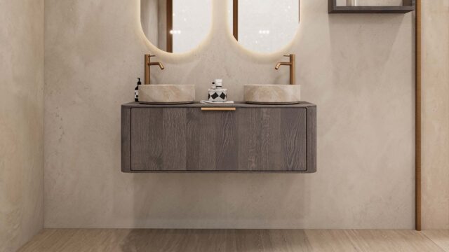 Rond hangend donker eiken wastafelmeubel 120 cm met afgeronde hoeken en twee beige marmerlook waskommen
