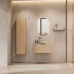 Rond hangend naturel eiken badkamermeubel 80 cm met afgeronde hoeken en beige marmerlook waskom