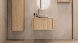 Rond hangend naturel eiken badkamermeubel 80 cm met afgeronde hoeken en beige marmerlook waskom