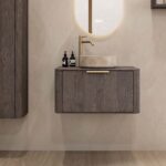 Rond hangend donker eiken badkamermeubel 80 cm met afgeronde hoeken en beige marmerlook waskom