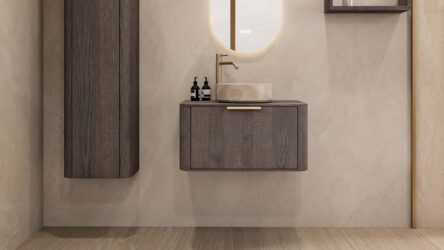 Rond hangend donker eiken badkamermeubel 80 cm met afgeronde hoeken en beige marmerlook waskom