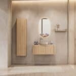 Rond hangend naturel eiken badkamermeubel 100 cm met afgeronde hoeken en beige marmerlook waskom