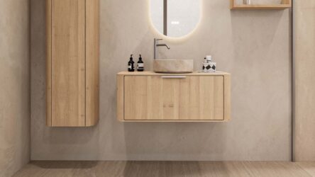 Rond hangend naturel eiken badkamermeubel 100 cm met afgeronde hoeken en beige marmerlook waskom