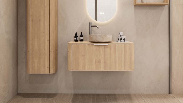 Rond hangend naturel eiken badkamermeubel 100 cm met afgeronde hoeken en beige marmerlook waskom