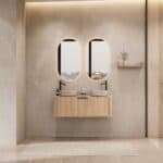 Rond hangend naturel eiken wastafelmeubel 120 cm met afgeronde hoeken en twee beige marmerlook waskommen
