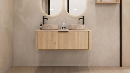 Rond hangend naturel eiken wastafelmeubel 120 cm met afgeronde hoeken en twee beige marmerlook waskommen