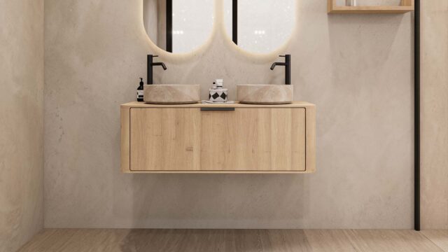 Rond hangend naturel eiken wastafelmeubel 120 cm met afgeronde hoeken en twee beige marmerlook waskommen