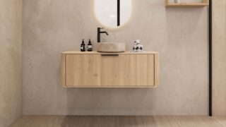 Rond hangend naturel eiken badkamermeubel 120 cm met afgeronde hoeken en beige marmerlook waskom