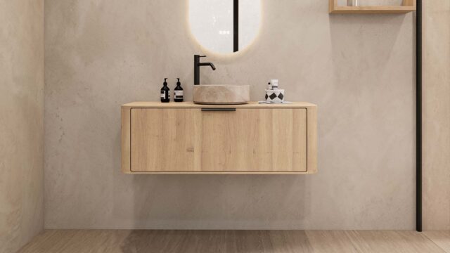 Rond hangend naturel eiken badkamermeubel 120 cm met afgeronde hoeken en beige marmerlook waskom