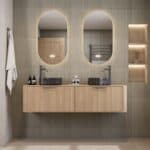 Rond hangend naturel eiken badkamermeubel 160 cm met vlak front, eiken blad en zwart marmer keramische waskom