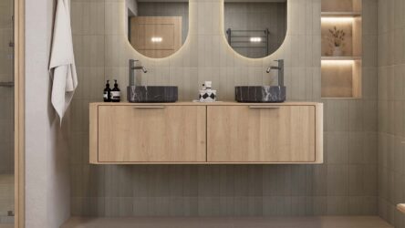 Rond hangend naturel eiken badkamermeubel 160 cm met vlak front, eiken blad en zwart marmer keramische waskom