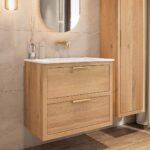 Modern hangend badkamermeubel 80 cm naturel eiken met vlak front en twee softclose lades