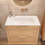 Modern hangend badkamermeubel 80 cm naturel eiken met vlak front en twee softclose lades