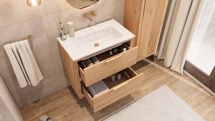 Modern hangend badkamermeubel 80 cm naturel eiken met vlak front en twee softclose lades