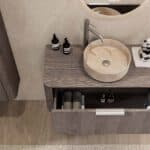 Rond hangend donker eiken badkamermeubel 100 cm met afgeronde hoeken en beige marmerlook waskom