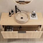 Rond hangend naturel eiken badkamermeubel 120 cm met afgeronde hoeken en beige marmerlook waskom